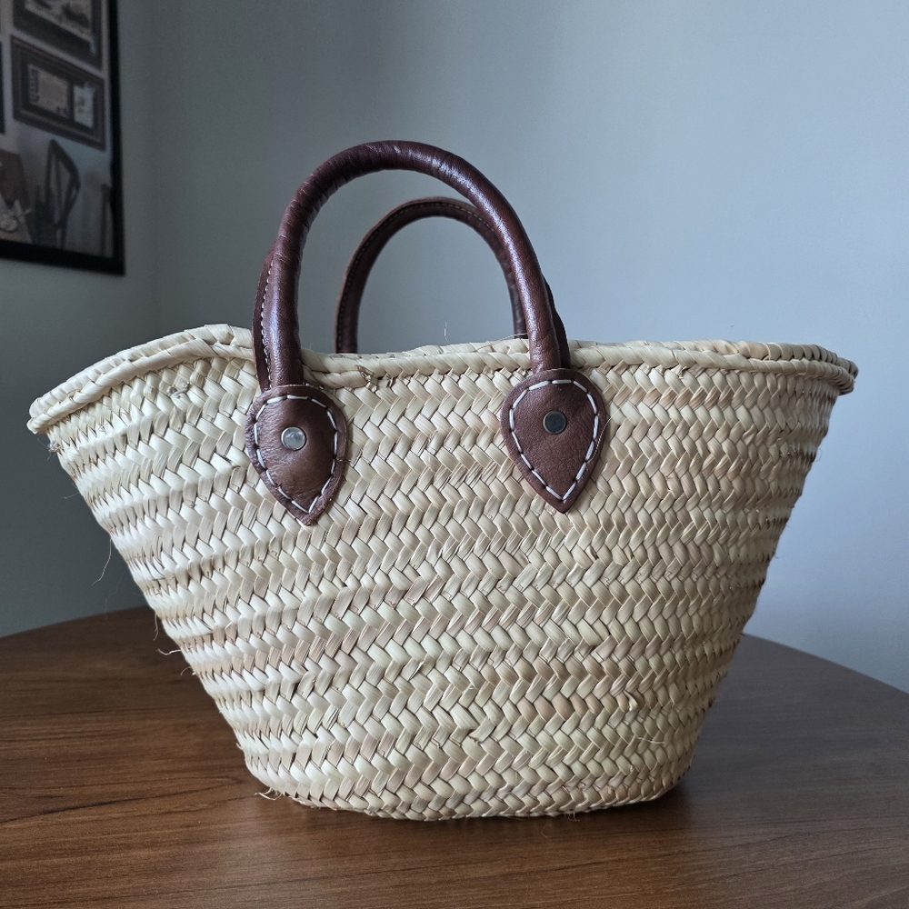 Poolside Medium Handwoven Beach Tote Bag, Open Top, Leather Handles